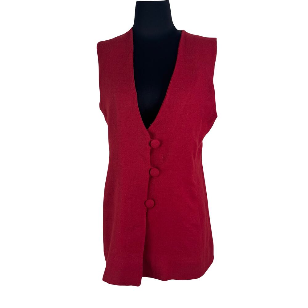 Vintage Red Crepe Longline Vest Tailored Covered Button Power Dressing Layer Top